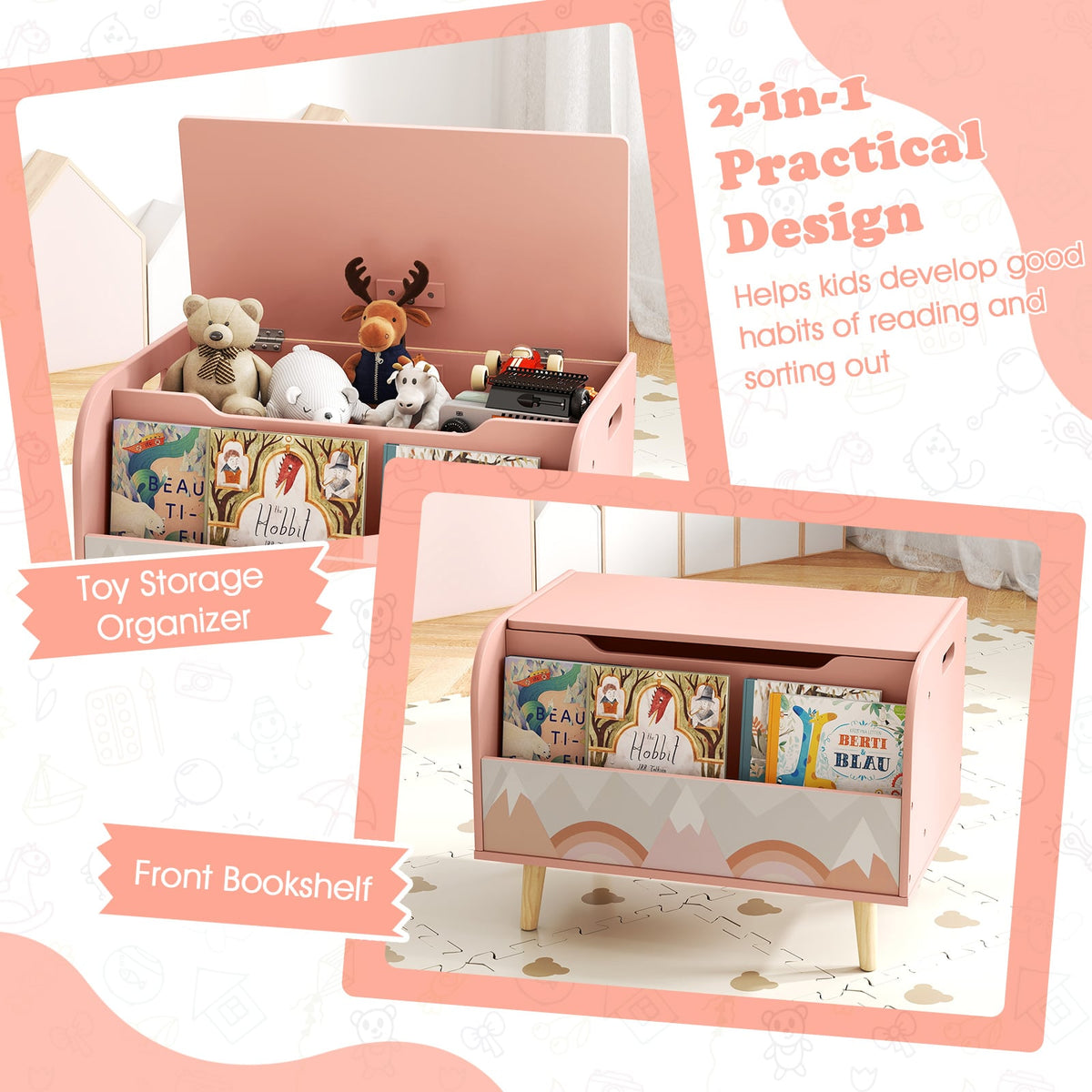 Kids Wooden Toy Box with Front Bookshelf and 4 Solid Wood Legs for Playroom-Pink-Kids Storage-DECOROLALA