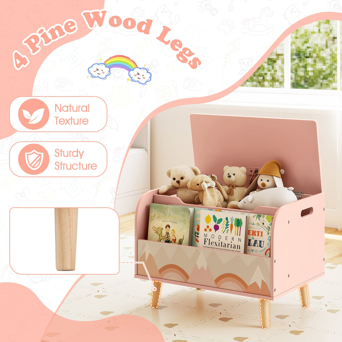 Kids Wooden Toy Box with Front Bookshelf and 4 Solid Wood Legs for Playroom-Pink-Kids Storage-DECOROLALA
