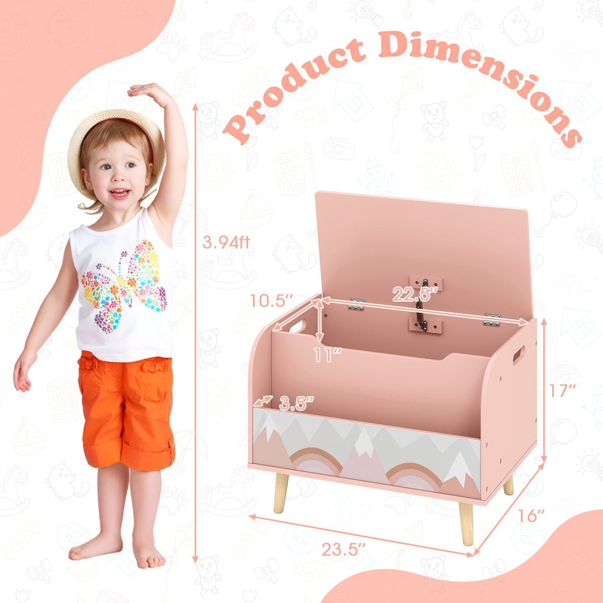 Kids Wooden Toy Box with Front Bookshelf and 4 Solid Wood Legs for Playroom-Pink-Kids Storage-DECOROLALA