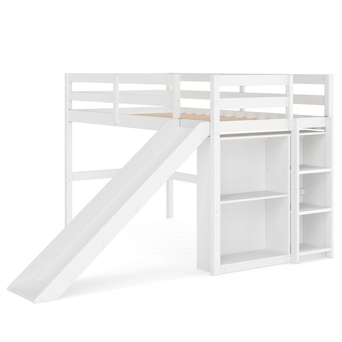 Kids Wooden Twin Size Loft Bed Frame with Slide and Ladder-White-Beds & Bed Frames-DECOROLALA