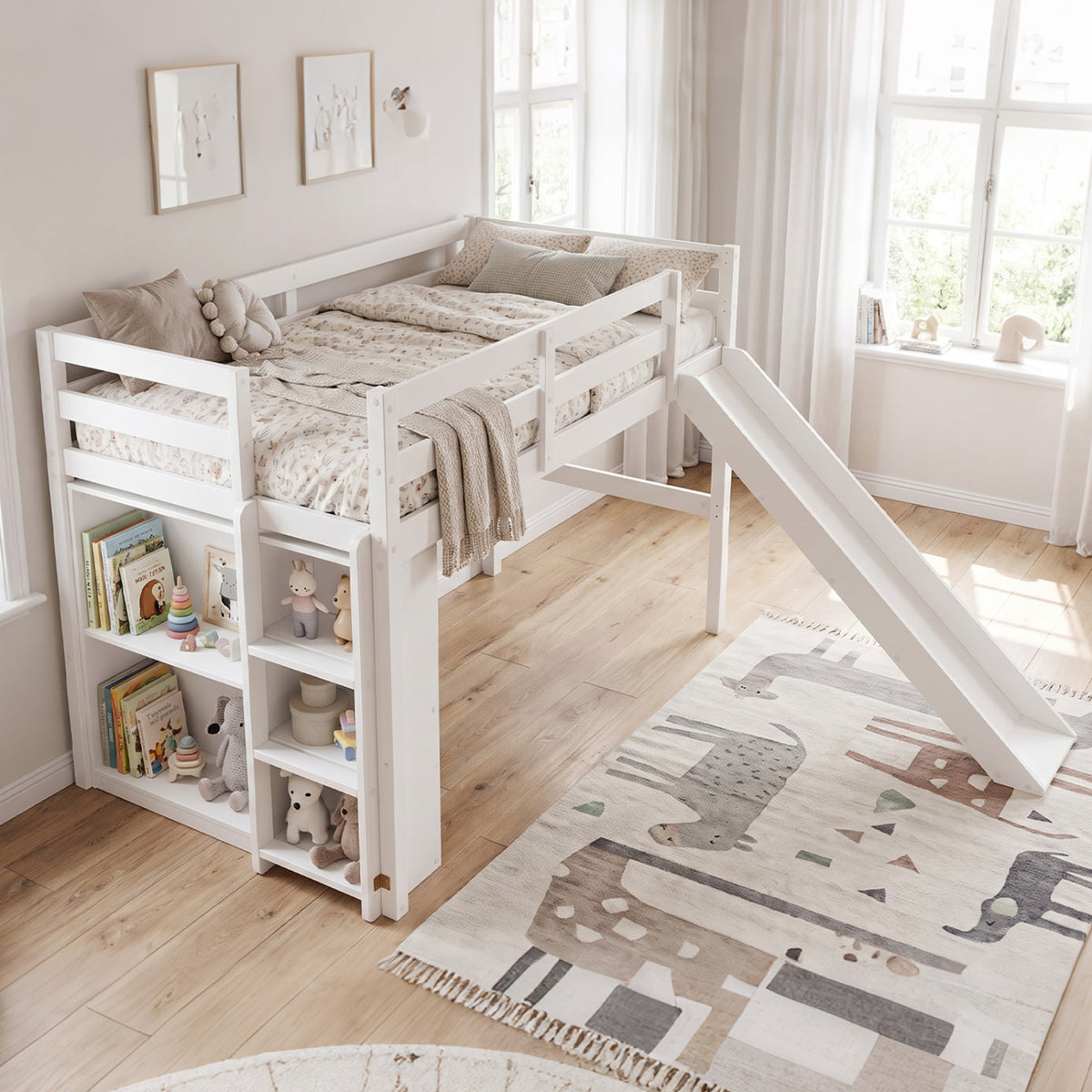 Kids Wooden Twin Size Loft Bed Frame with Slide and Ladder-White-Beds & Bed Frames-DECOROLALA