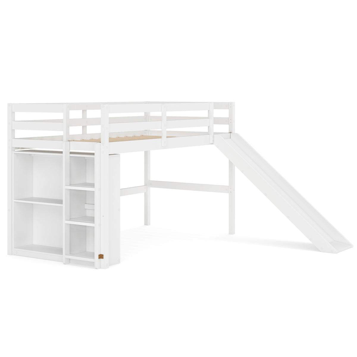 Kids Wooden Twin Size Loft Bed Frame with Slide and Ladder-White-Beds & Bed Frames-DECOROLALA