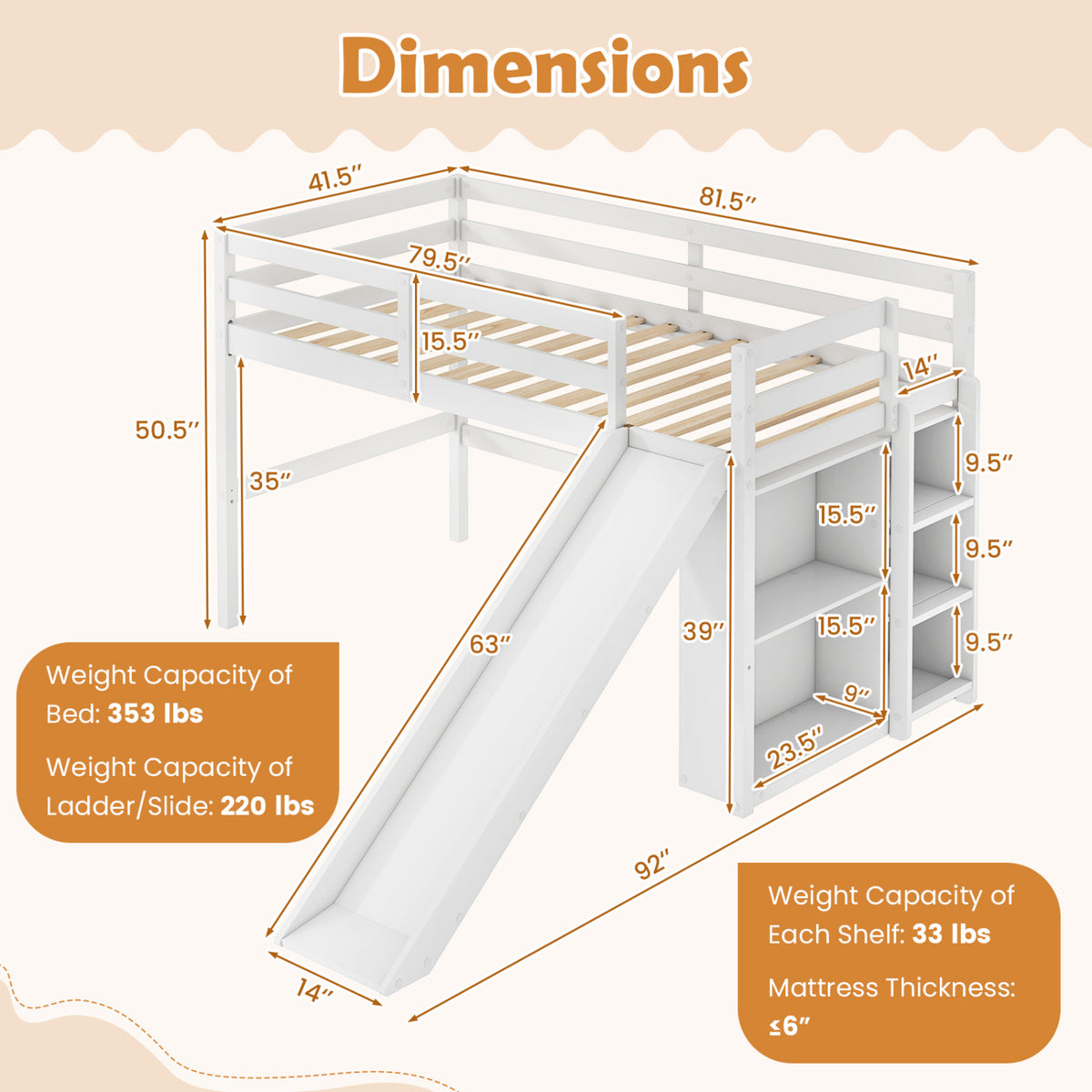 Kids Wooden Twin Size Loft Bed Frame with Slide and Ladder-White-Beds & Bed Frames-DECOROLALA