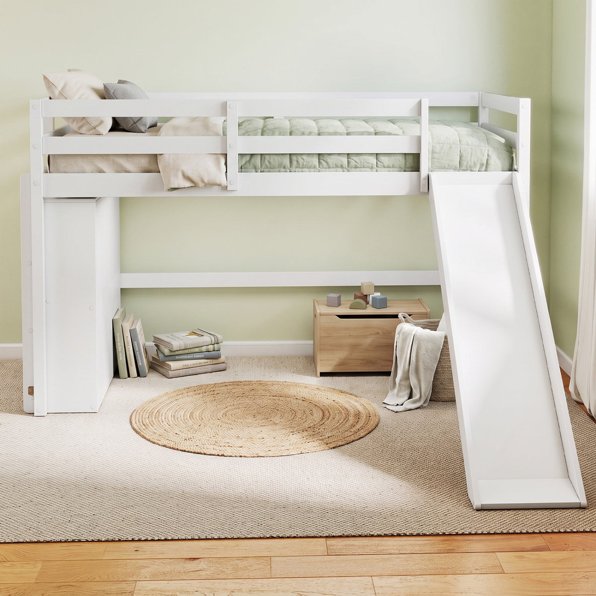 Kids Wooden Twin Size Loft Bed Frame with Slide and Ladder-White-Beds & Bed Frames-DECOROLALA