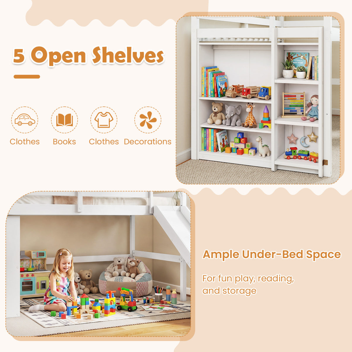 Kids Wooden Twin Size Loft Bed Frame with Slide and Ladder-White-Beds & Bed Frames-DECOROLALA