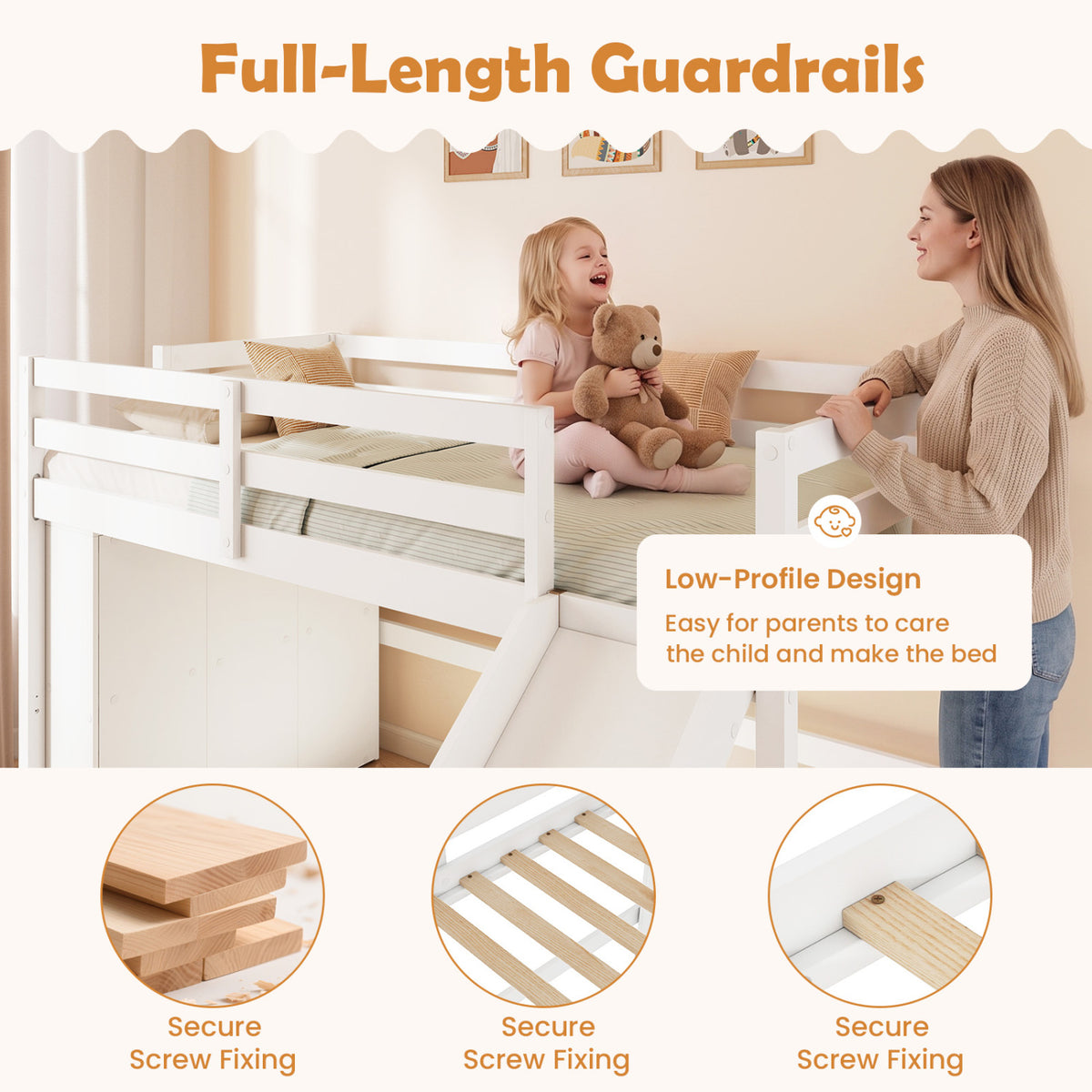 Kids Wooden Twin Size Loft Bed Frame with Slide and Ladder-White-Beds & Bed Frames-DECOROLALA
