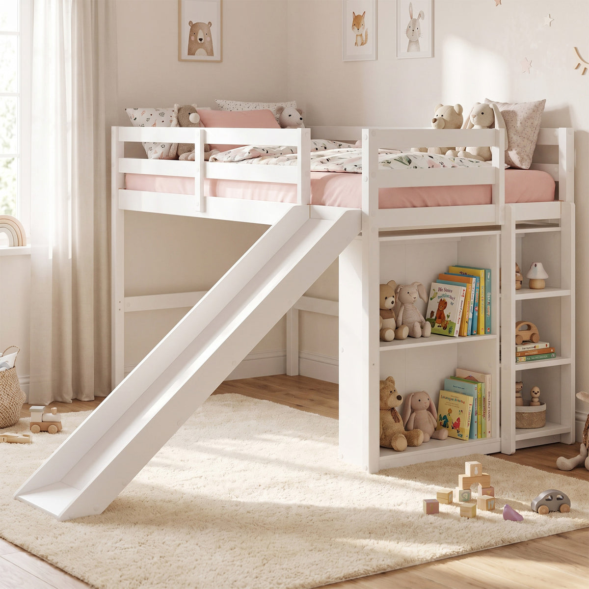 Kids Wooden Twin Size Loft Bed Frame with Slide and Ladder-White-Beds & Bed Frames-DECOROLALA