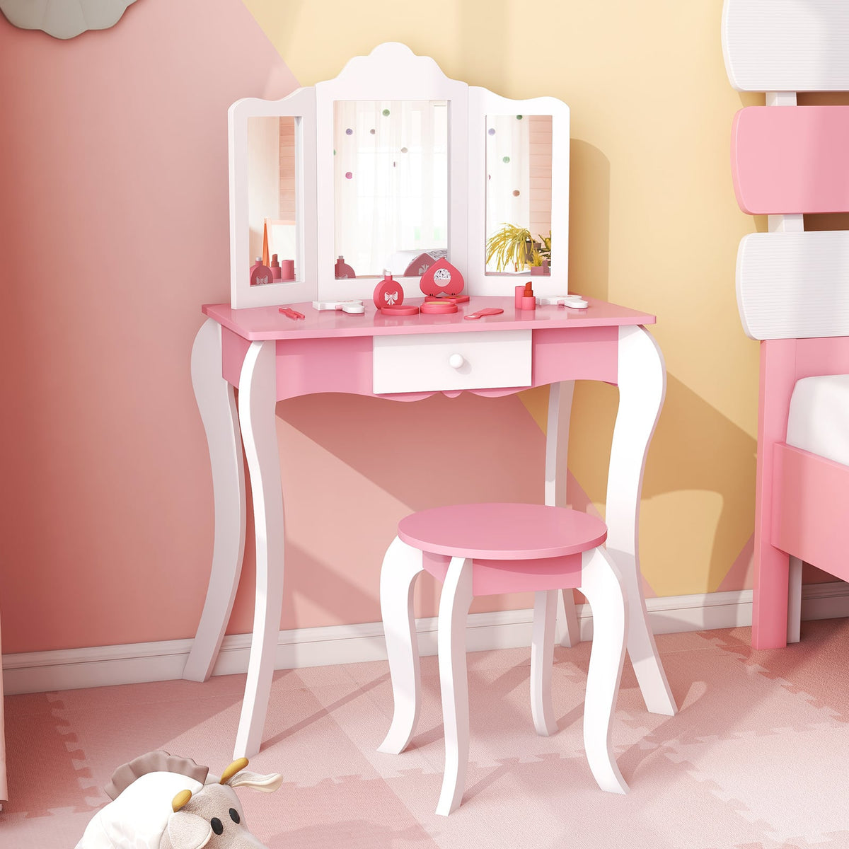 Kid's Wooden Vanity Table and Stool Set with 3-Panel Acrylic Mirror-White-Kids Vanities-DECOROLALA