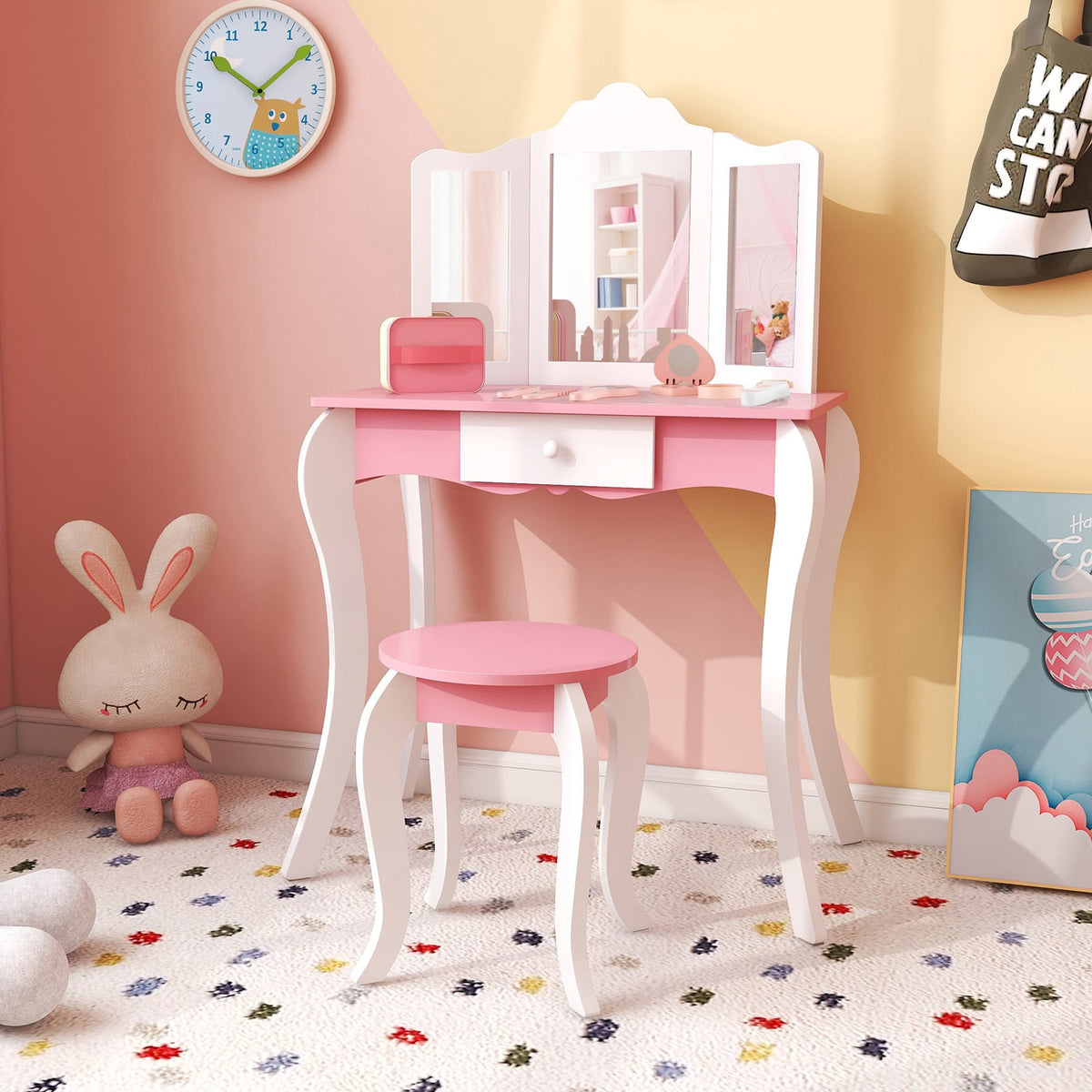 Kid's Wooden Vanity Table and Stool Set with 3-Panel Acrylic Mirror-White-Kids Vanities-DECOROLALA