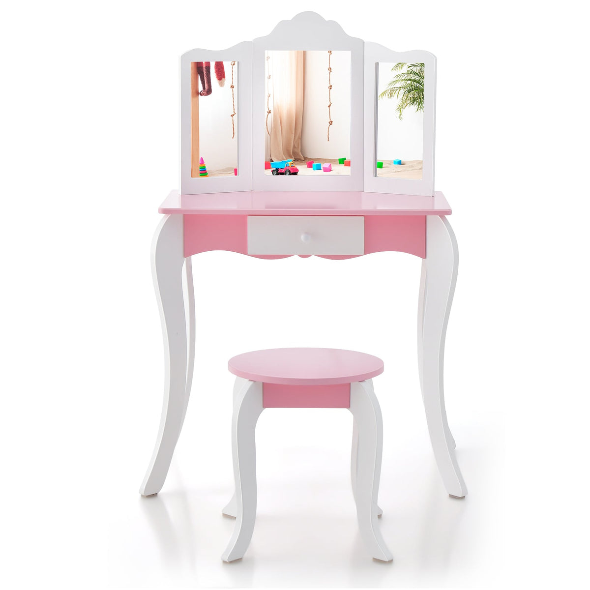 Kid's Wooden Vanity Table and Stool Set with 3-Panel Acrylic Mirror-White-Kids Vanities-DECOROLALA