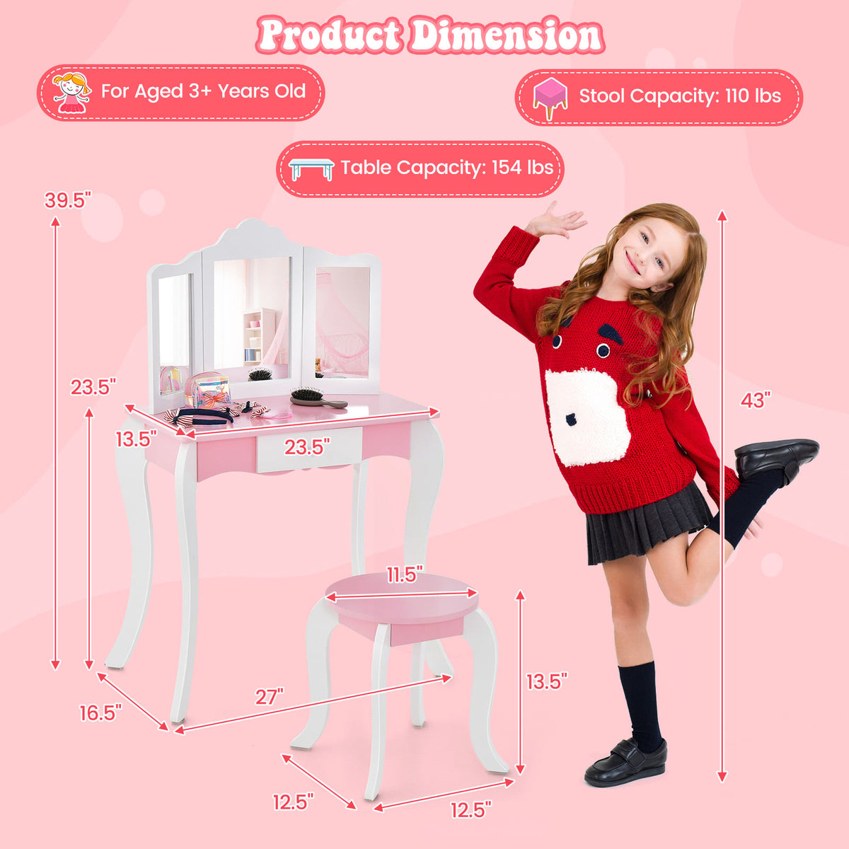 Kid's Wooden Vanity Table and Stool Set with 3-Panel Acrylic Mirror-White-Kids Vanities-DECOROLALA