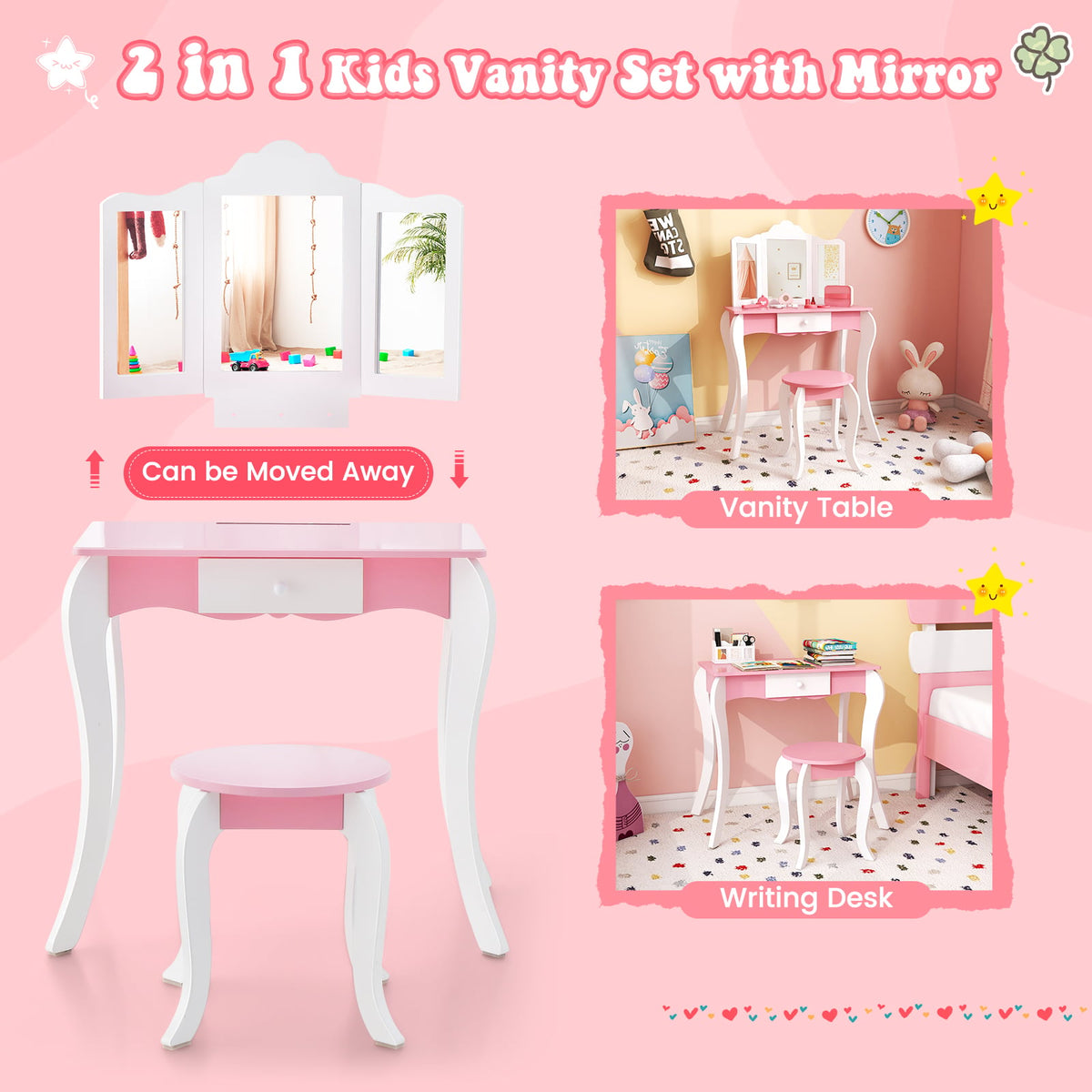 Kid's Wooden Vanity Table and Stool Set with 3-Panel Acrylic Mirror-White-Kids Vanities-DECOROLALA