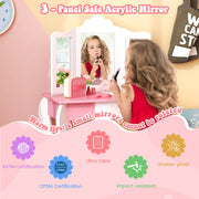 Kid's Wooden Vanity Table and Stool Set with 3-Panel Acrylic Mirror-White-Kids Vanities-DECOROLALA