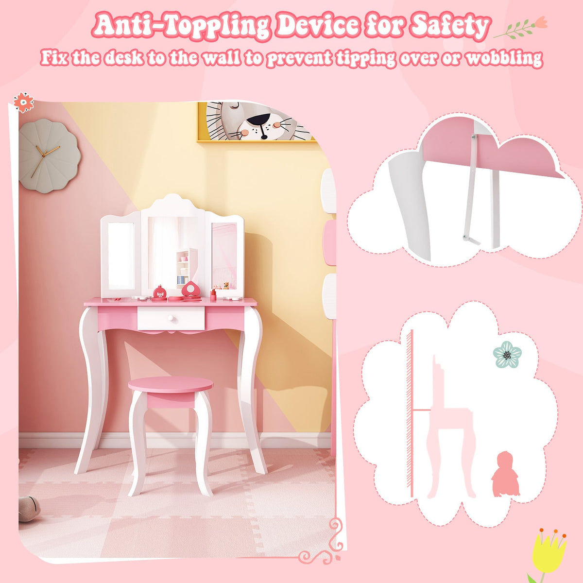 Kid's Wooden Vanity Table and Stool Set with 3-Panel Acrylic Mirror-White-Kids Vanities-DECOROLALA