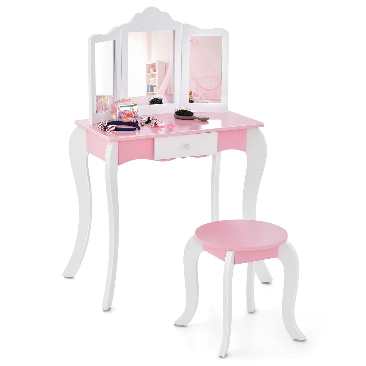 Kid's Wooden Vanity Table and Stool Set with 3-Panel Acrylic Mirror-White-Kids Vanities-DECOROLALA