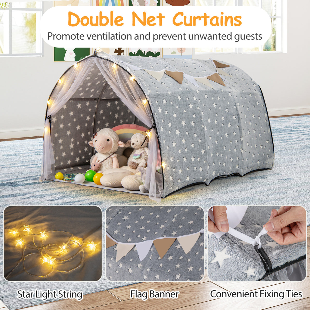 Tente de lit pour enfants, lit superposé simple Kids Dream avec étoiles et lumières phosphorescentes