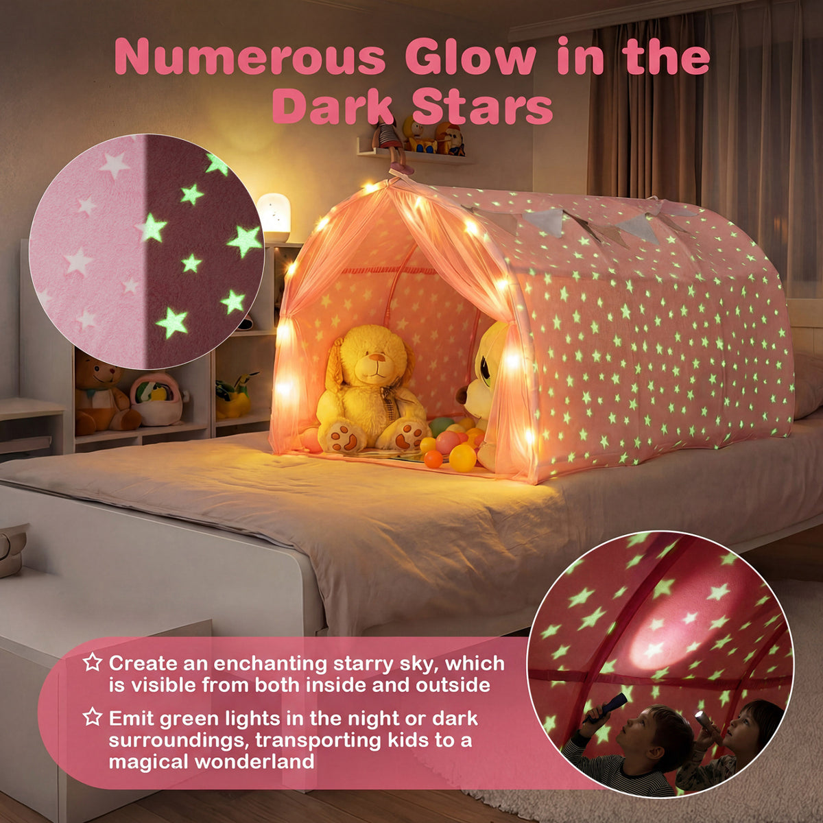 Tente de lit pour enfants, lit superposé simple Kids Dream avec étoiles et lumières phosphorescentes