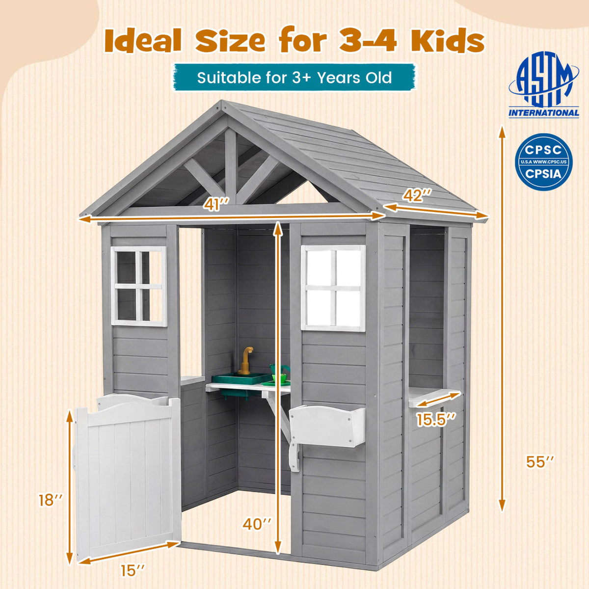 Maisonnette d'extérieur pour enfants avec évier, cottage en bois d'épicéa avec demi-porte