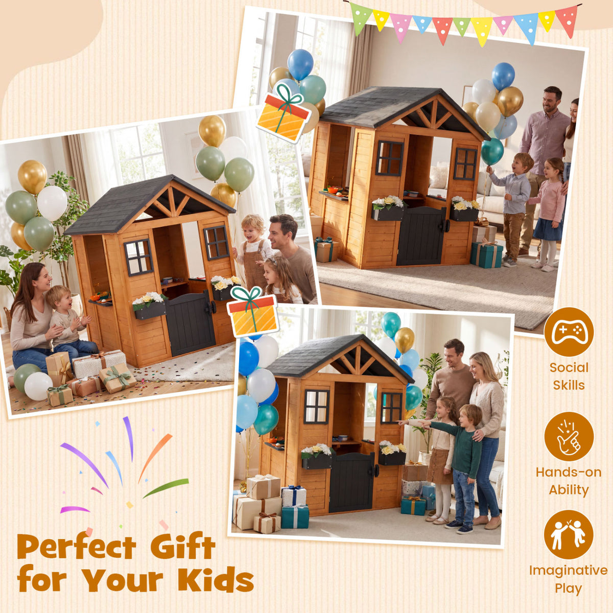Maisonnette d'extérieur pour enfants avec évier, cottage en bois d'épicéa avec demi-porte