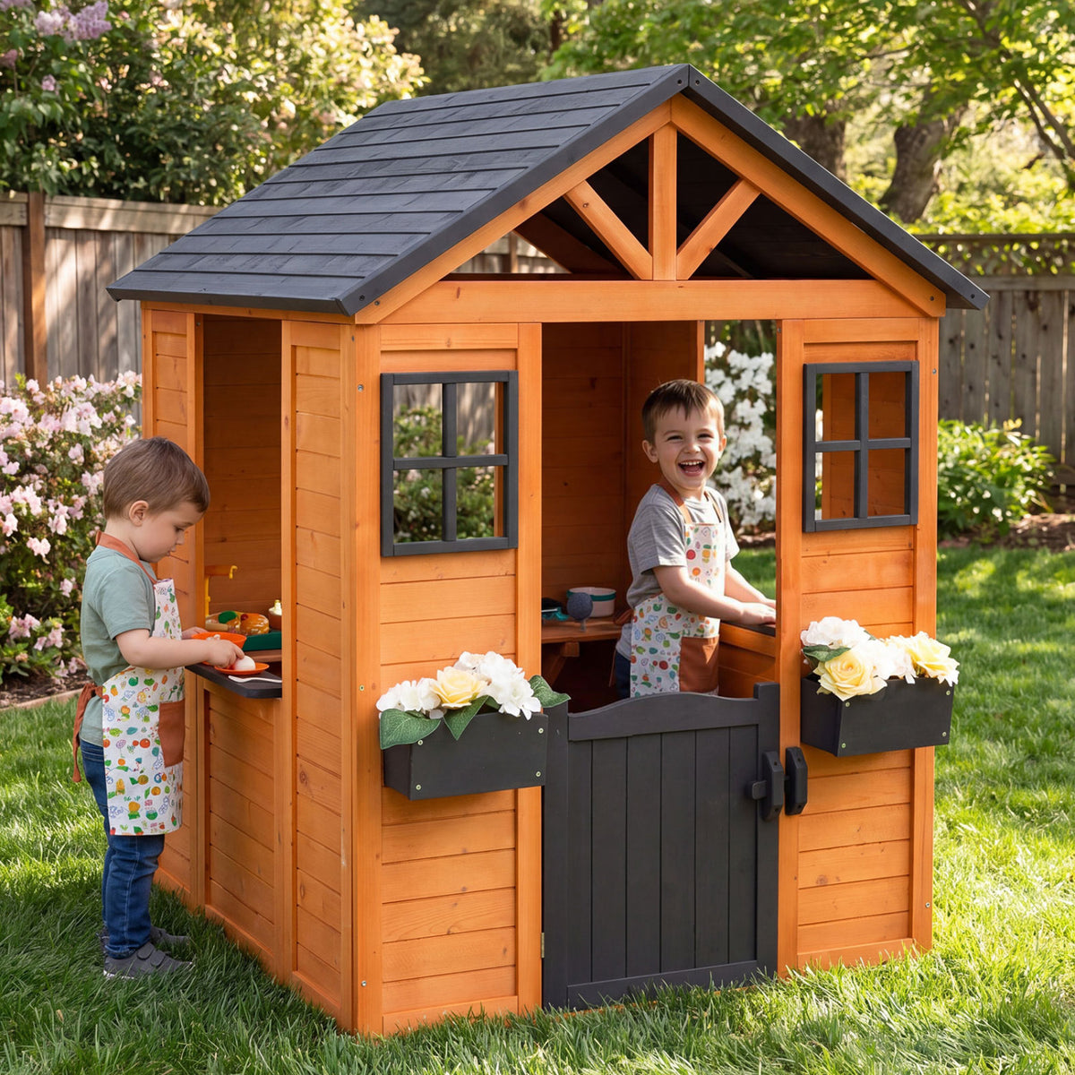 Maisonnette d'extérieur pour enfants avec évier, cottage en bois d'épicéa avec demi-porte