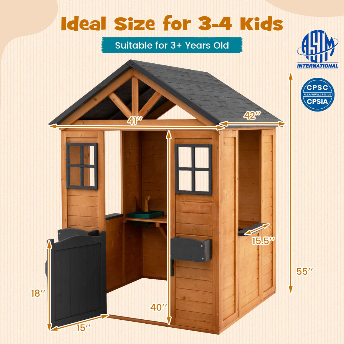 Maisonnette d'extérieur pour enfants avec évier, cottage en bois d'épicéa avec demi-porte