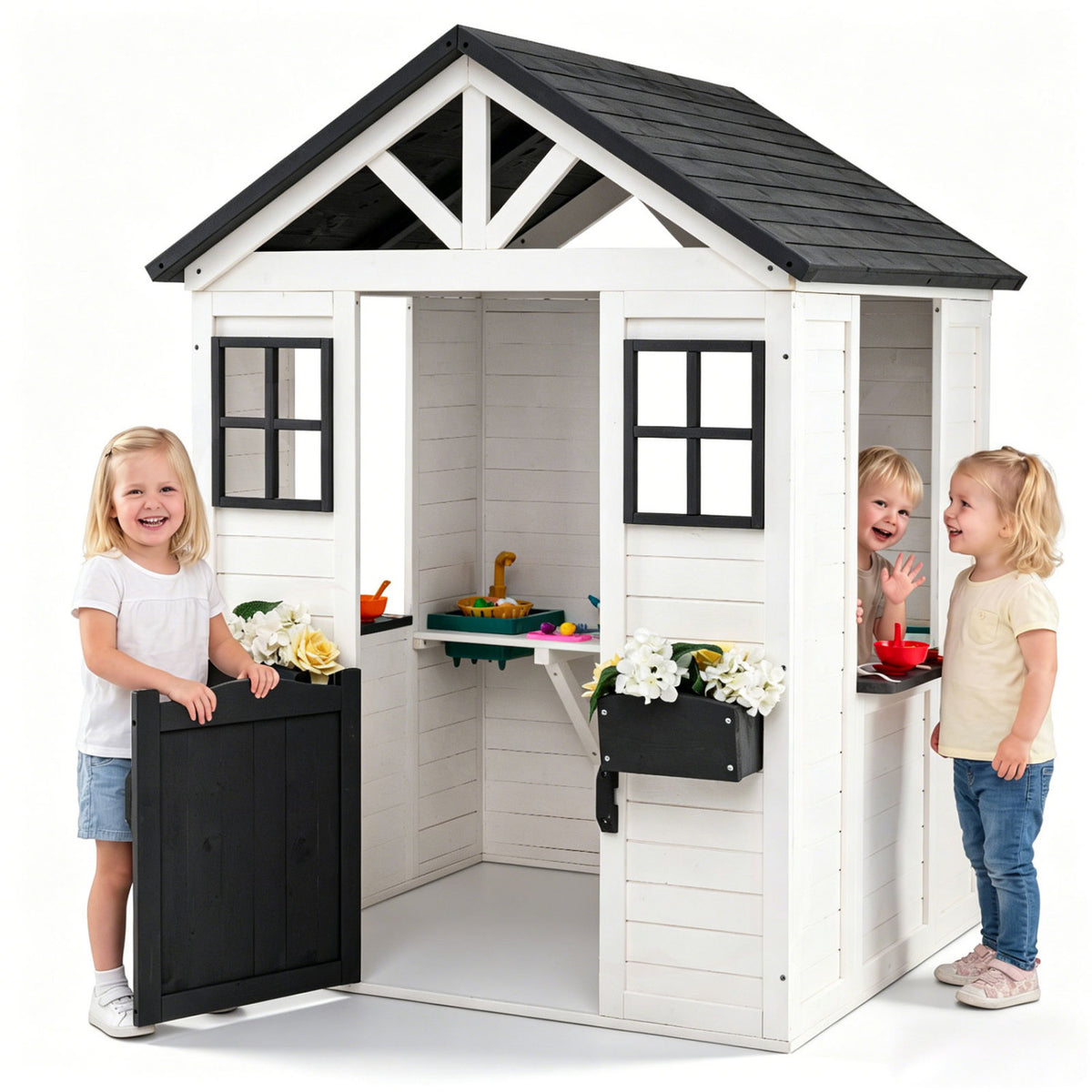 Maisonnette d'extérieur pour enfants avec évier, cottage en bois d'épicéa avec demi-porte