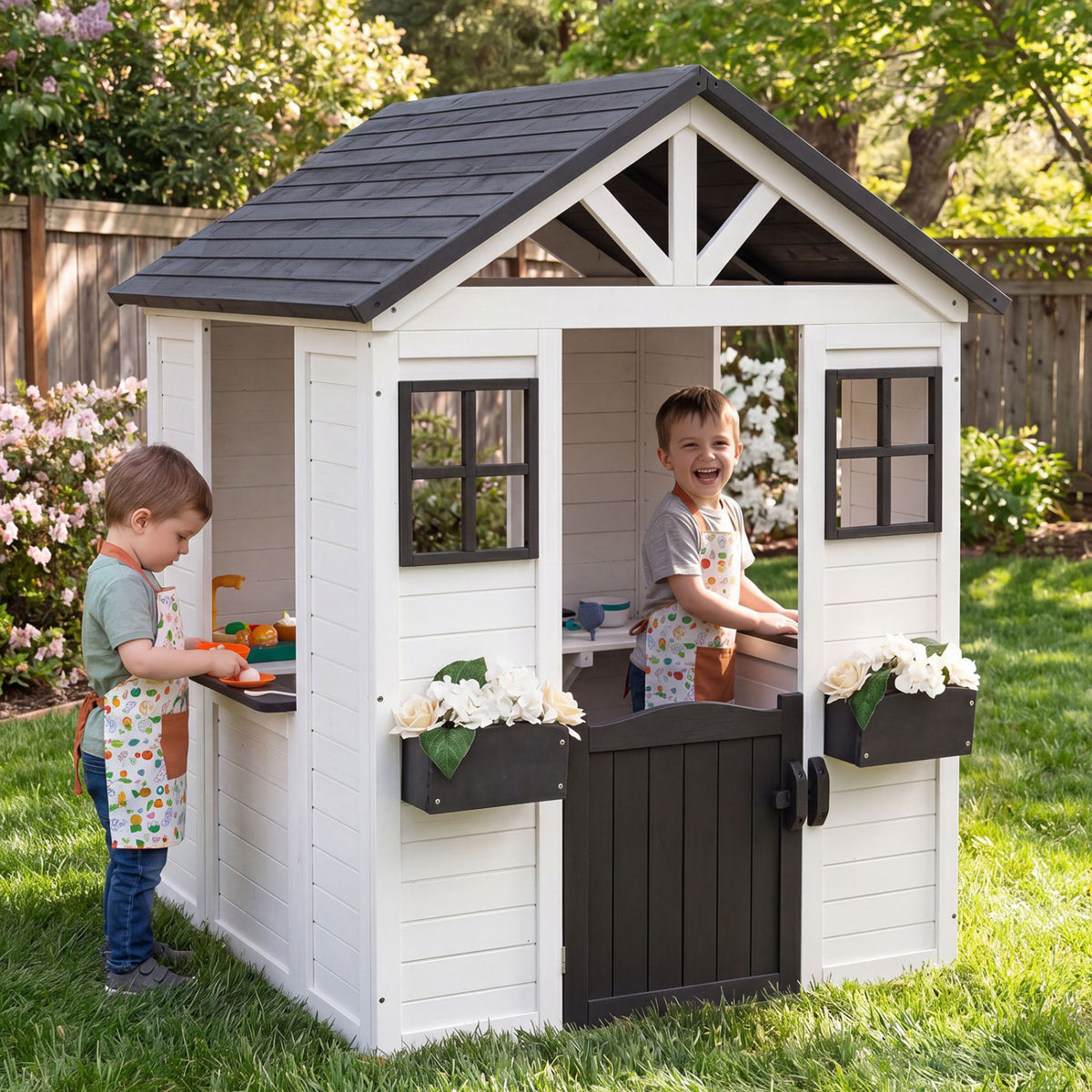 Maisonnette d'extérieur pour enfants avec évier, cottage en bois d'épicéa avec demi-porte