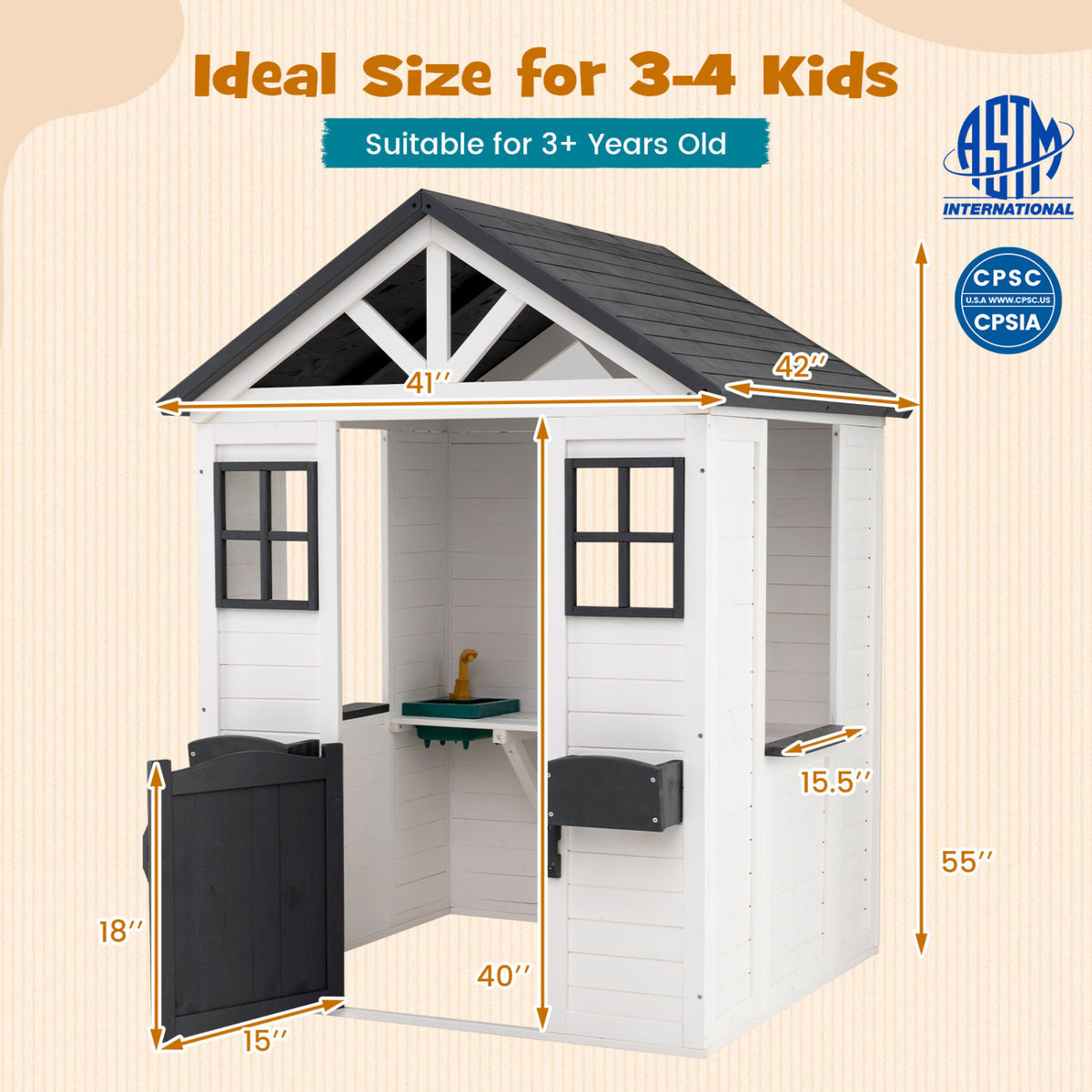 Maisonnette d'extérieur pour enfants avec évier, cottage en bois d'épicéa avec demi-porte