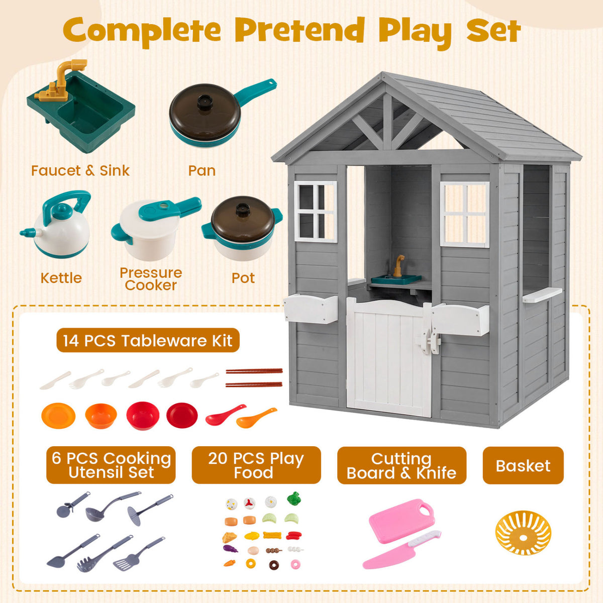 Maisonnette d'extérieur pour enfants avec évier, cottage en bois d'épicéa avec demi-porte