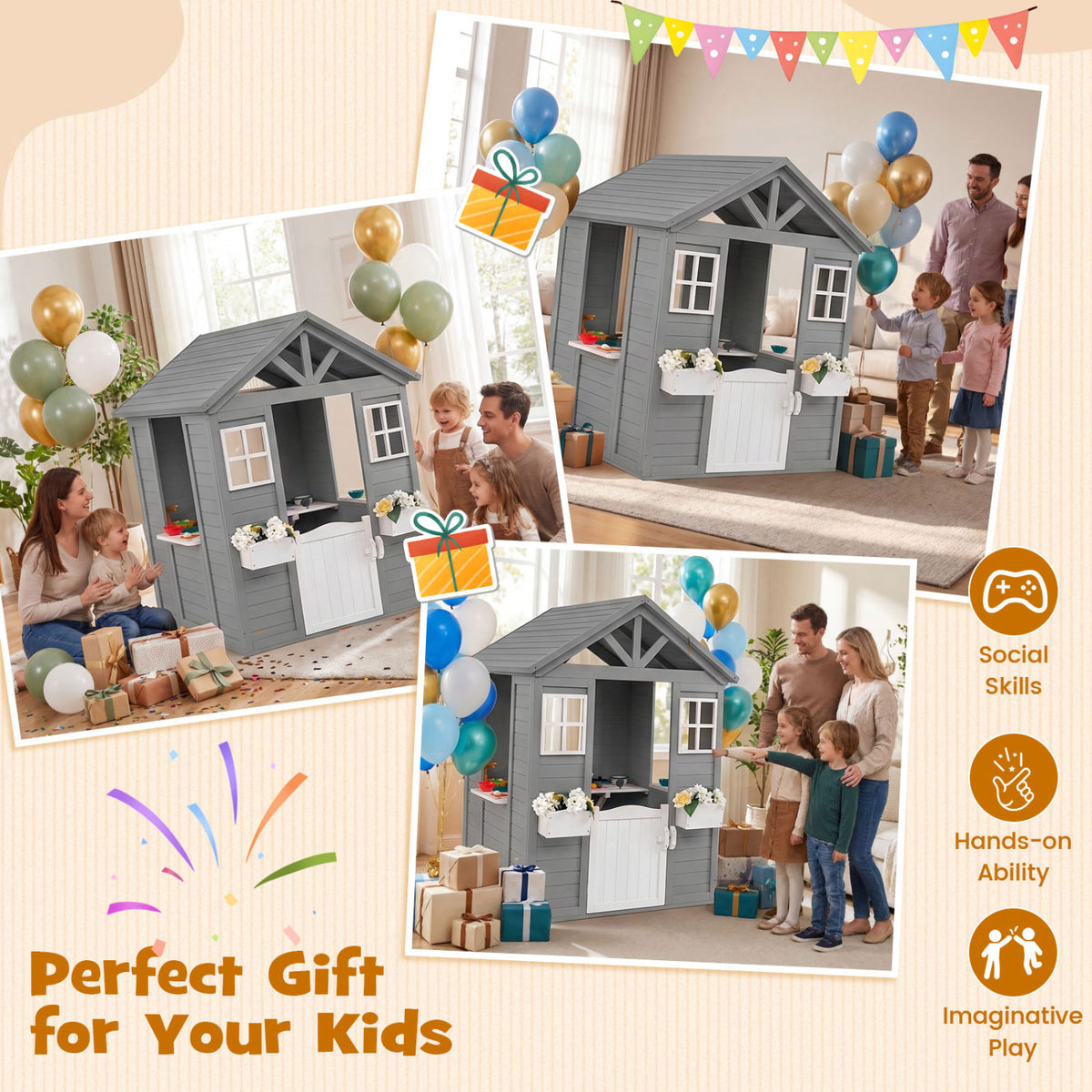 Maisonnette d'extérieur pour enfants avec évier, cottage en bois d'épicéa avec demi-porte