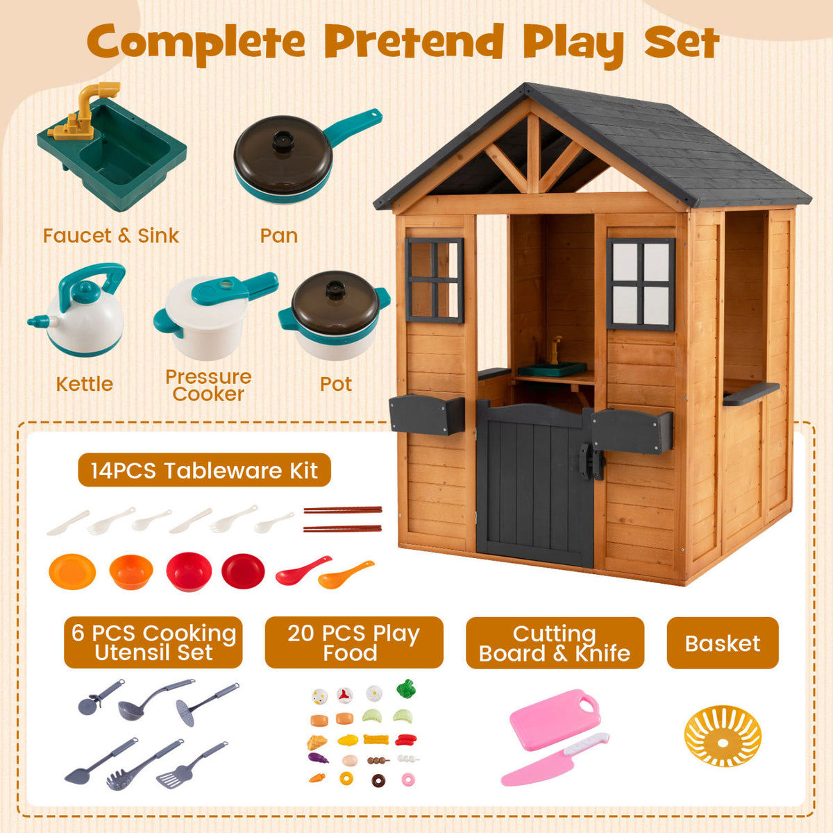Maisonnette d'extérieur pour enfants avec évier, cottage en bois d'épicéa avec demi-porte