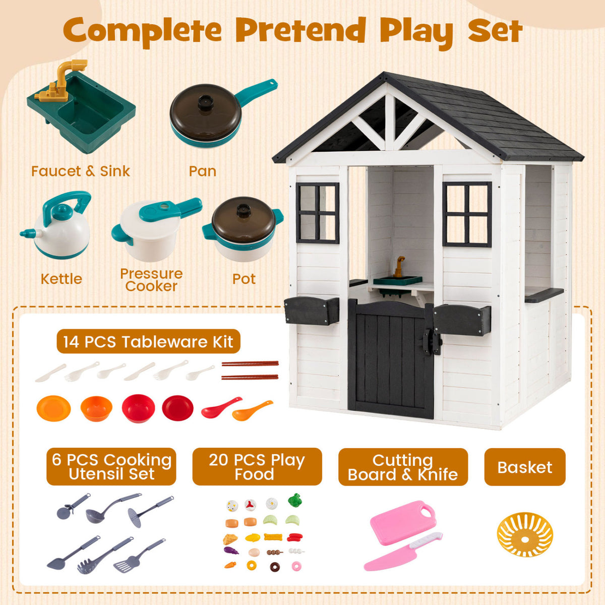 Maisonnette d'extérieur pour enfants avec évier, cottage en bois d'épicéa avec demi-porte