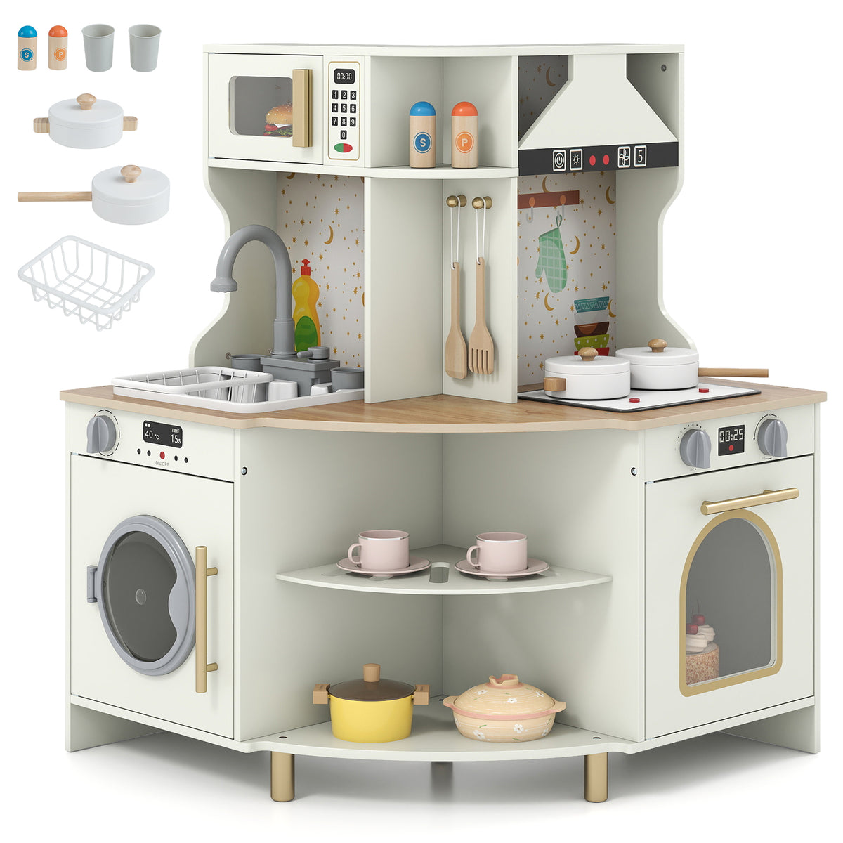 Cuisine d'angle en bois pour enfants avec robinet fonctionnel et évier-Beige