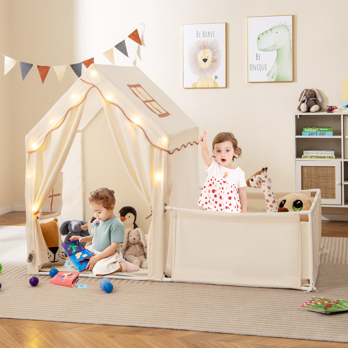 Tente de jeu pour enfants avec parc, maison de jeu 2-en-1 pour tout-petits avec espace de jeu extérieur