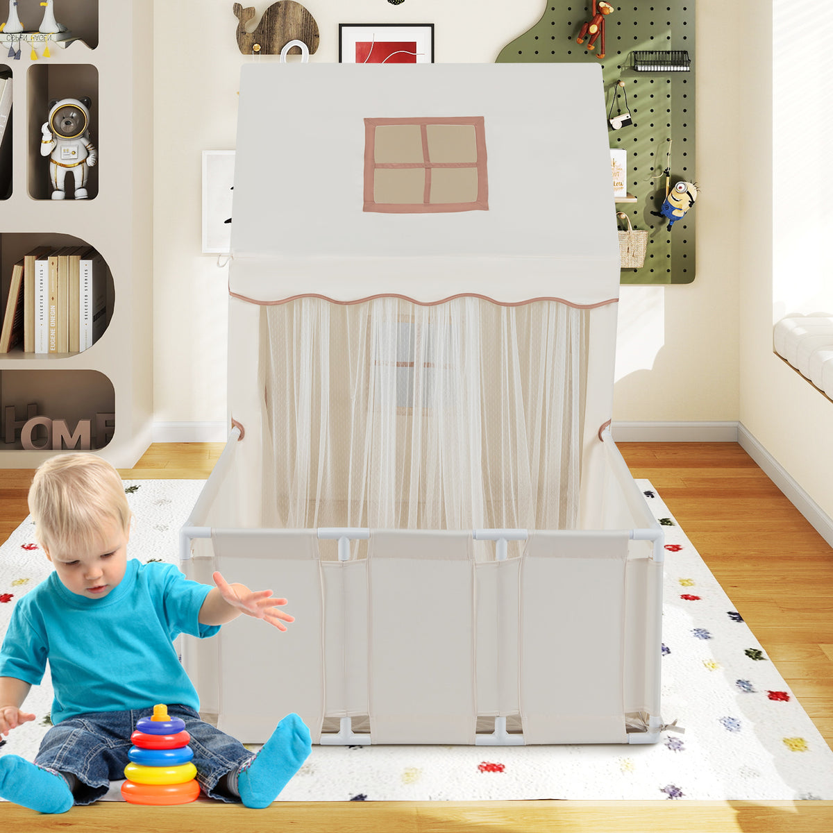 Tente de jeu pour enfants avec parc, maison de jeu 2-en-1 pour tout-petits avec espace de jeu extérieur