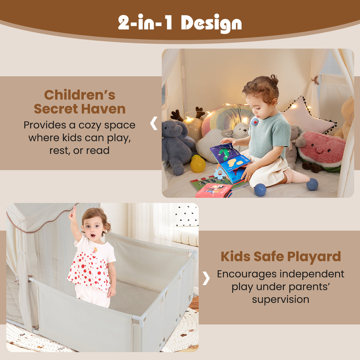 Tente de jeu pour enfants avec parc, maison de jeu 2-en-1 pour tout-petits avec espace de jeu extérieur