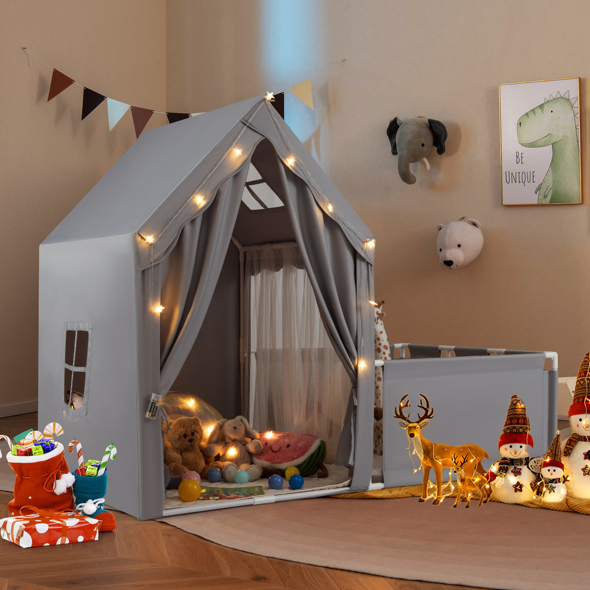 Tente de jeu pour enfants avec parc, maison de jeu 2-en-1 pour tout-petits avec espace de jeu extérieur