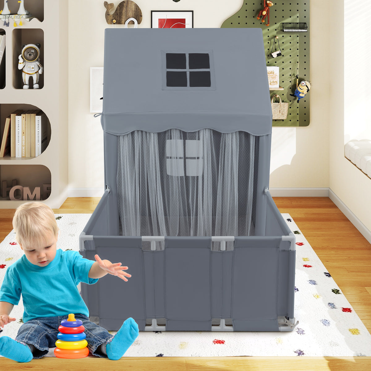 Tente de jeu pour enfants avec parc, maison de jeu 2-en-1 pour tout-petits avec espace de jeu extérieur
