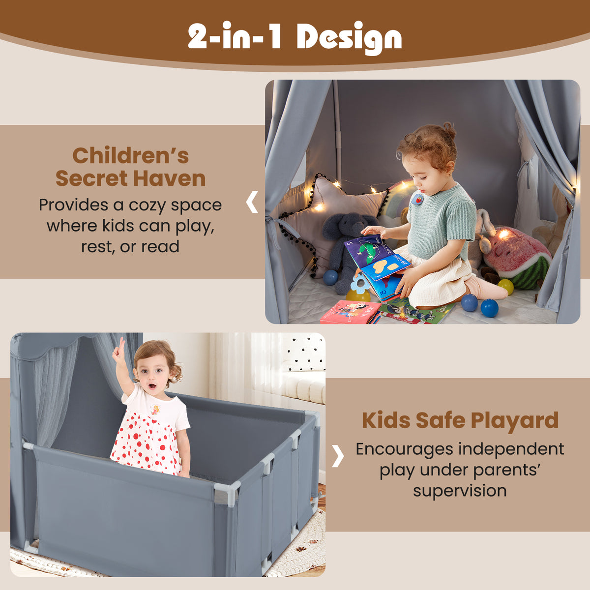 Tente de jeu pour enfants avec parc, maison de jeu 2-en-1 pour tout-petits avec espace de jeu extérieur