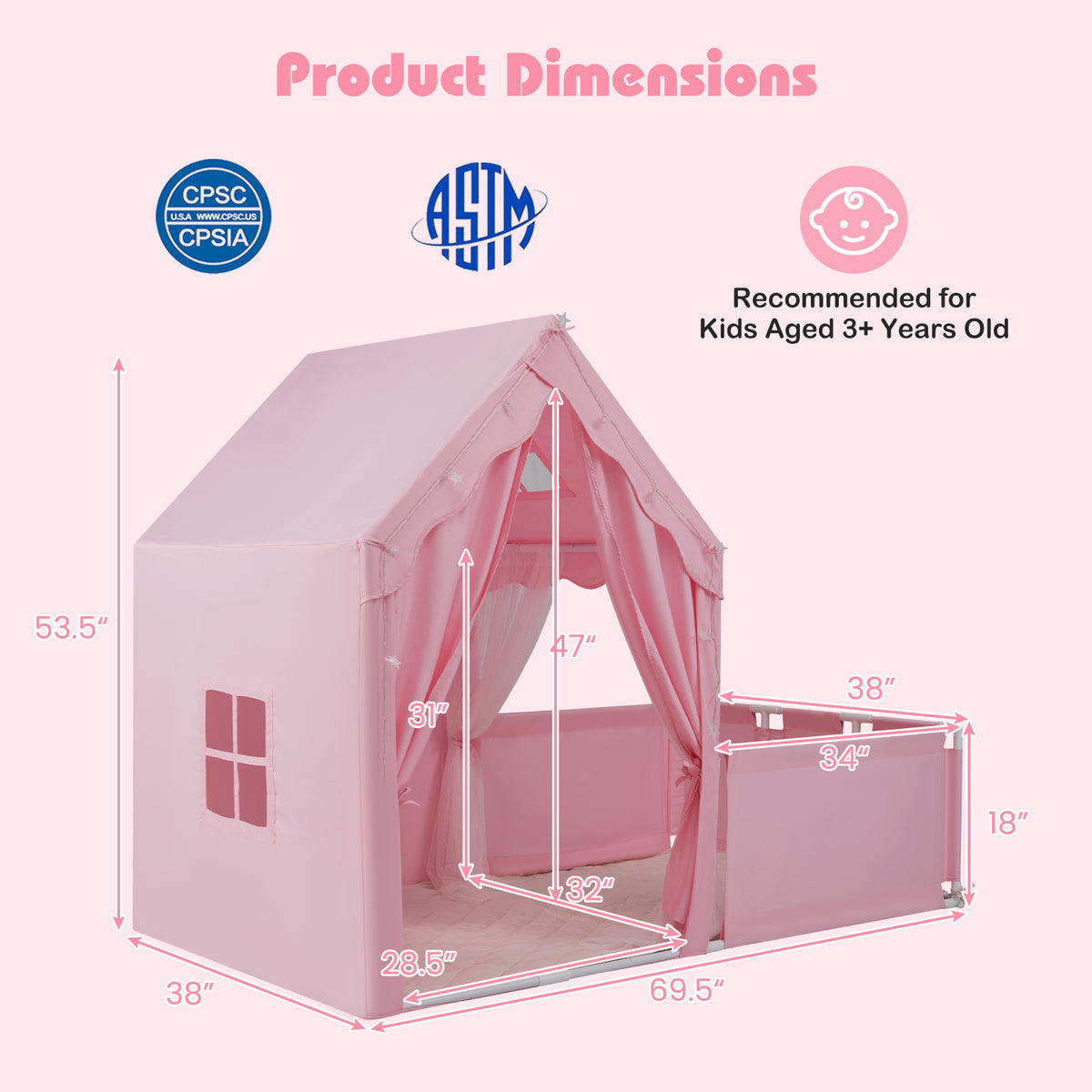 Tente de jeu pour enfants avec parc, maison de jeu 2-en-1 pour tout-petits avec espace de jeu extérieur