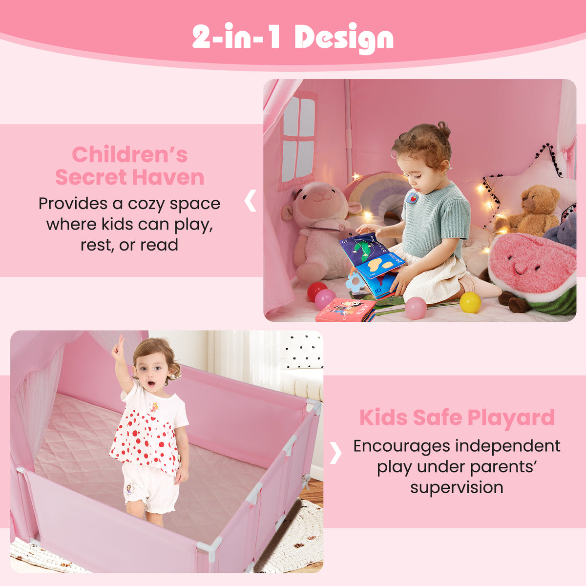 Tente de jeu pour enfants avec parc, maison de jeu 2-en-1 pour tout-petits avec espace de jeu extérieur