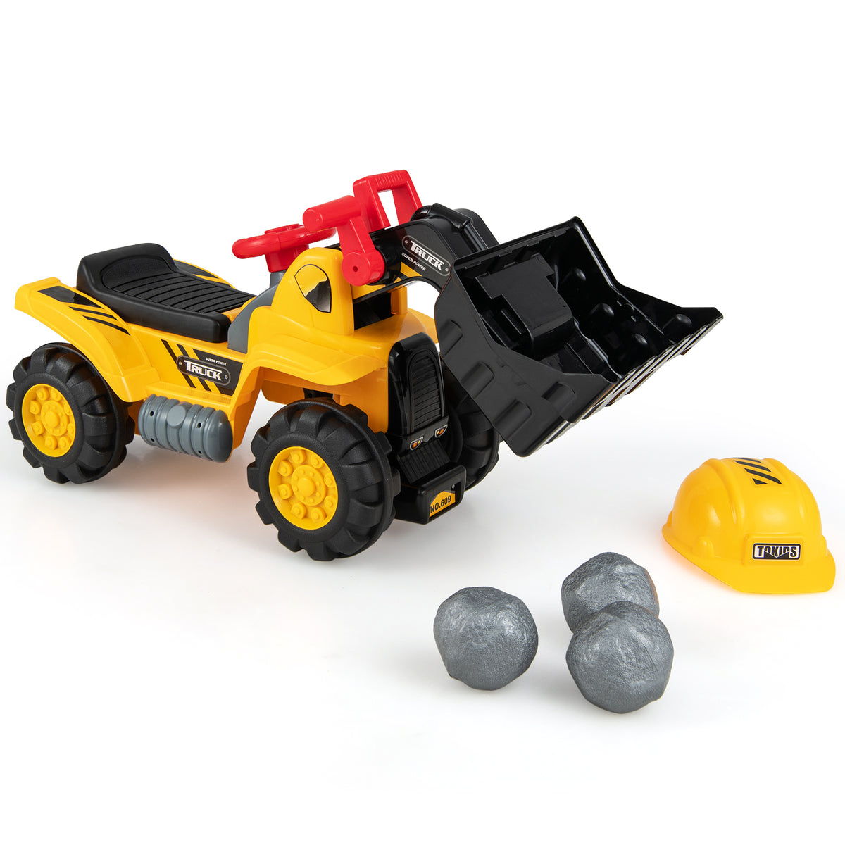 Bulldozer-jouet porteur pour enfants avec godet réglable et espace de rangement - Jaune
