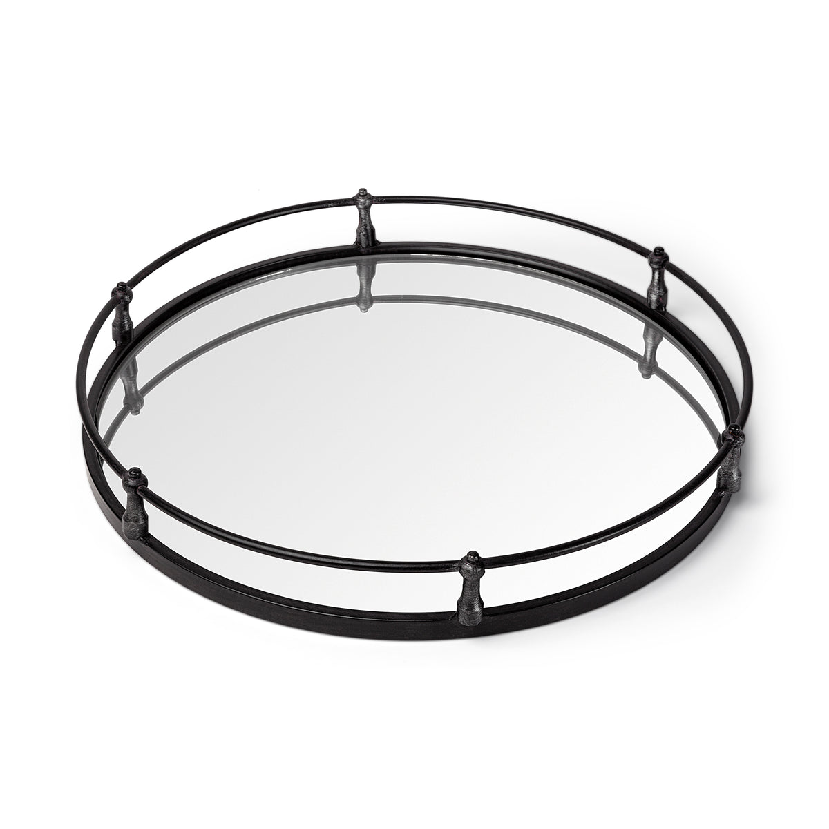 Kimbel 24L x 24W Black Metal Mirrored Base Round Tray-Trays-DECOROLALA