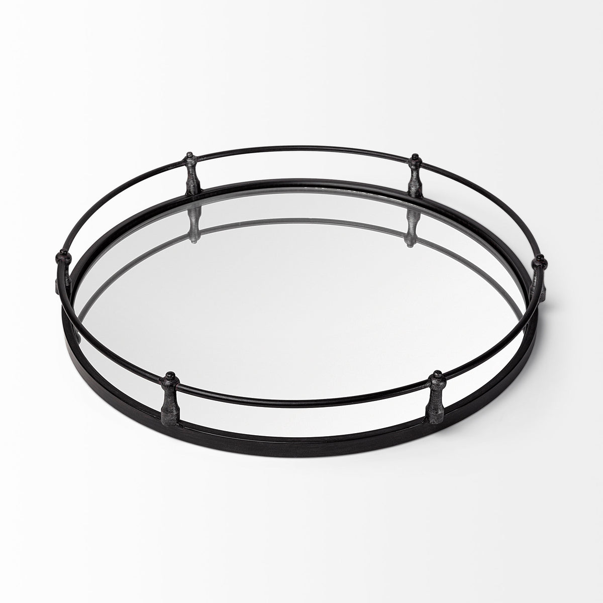Kimbel 24L x 24W Black Metal Mirrored Base Round Tray-Trays-DECOROLALA