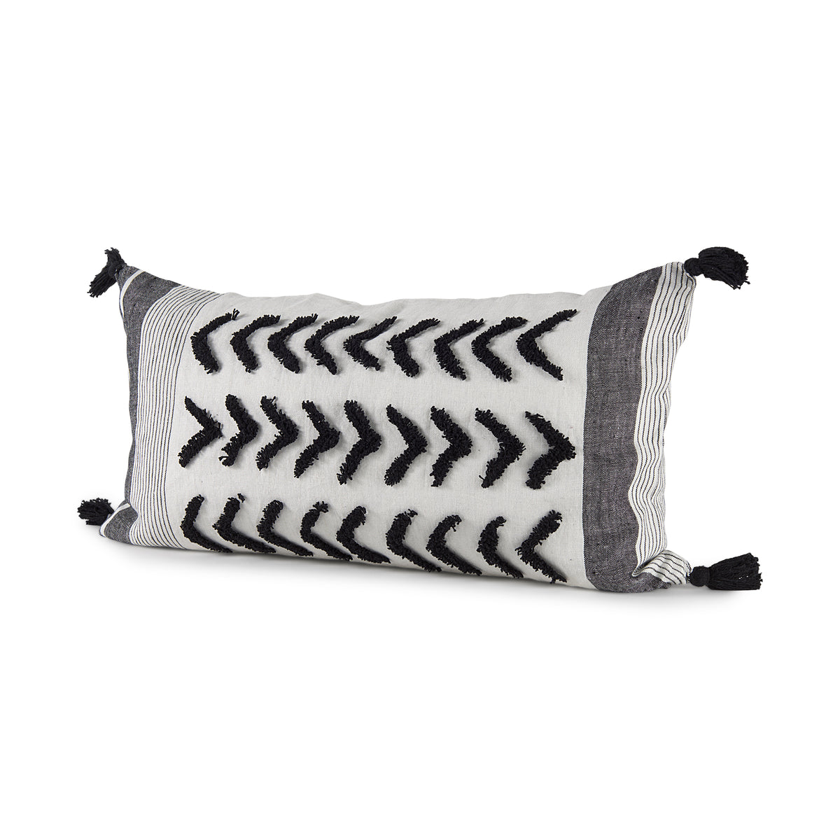 Kimia 14x26 White/Black Fabric Herringbone w/Fringed Pillow Cover-Decorative Pillows-DECOROLALA