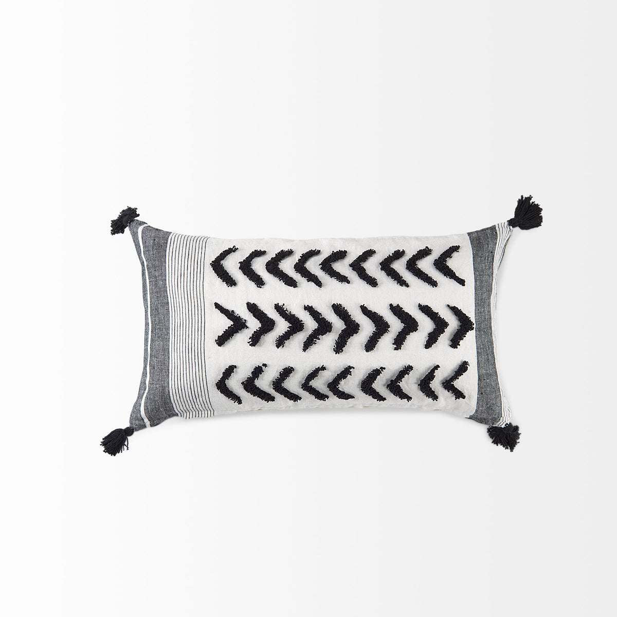 Kimia 14x26 White/Black Fabric Herringbone w/Fringed Pillow Cover-Decorative Pillows-DECOROLALA