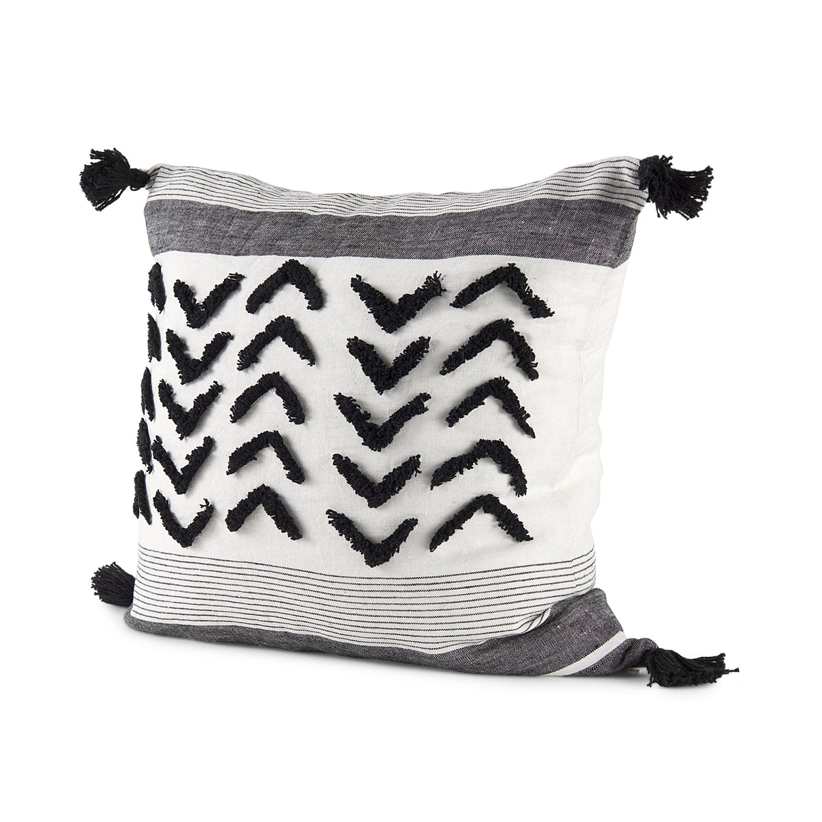 Kimia 20x20 White/Black Fabric Herringbone w/Fringed Pillow Cover-Decorative Pillows-DECOROLALA