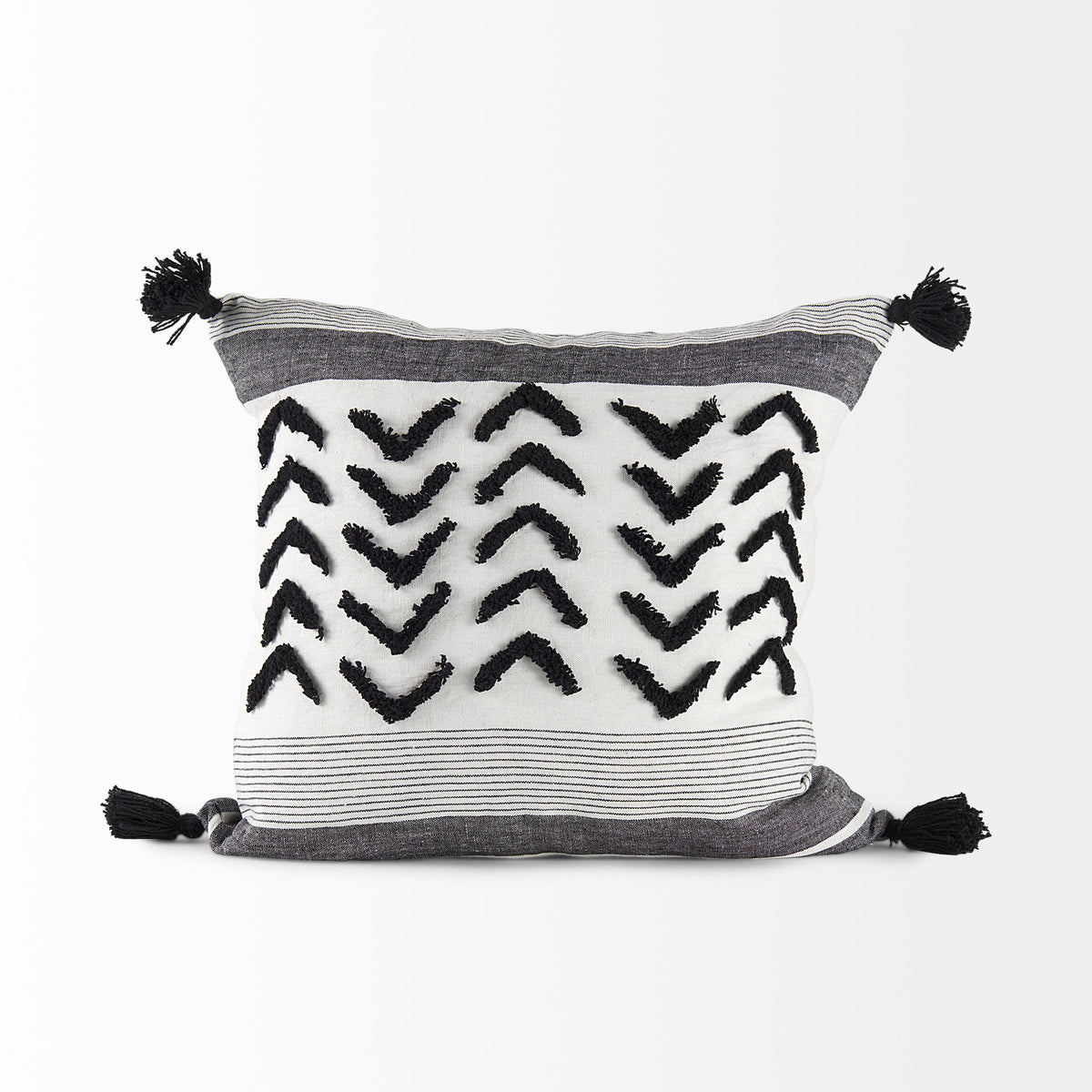 Kimia 20x20 White/Black Fabric Herringbone w/Fringed Pillow Cover-Decorative Pillows-DECOROLALA