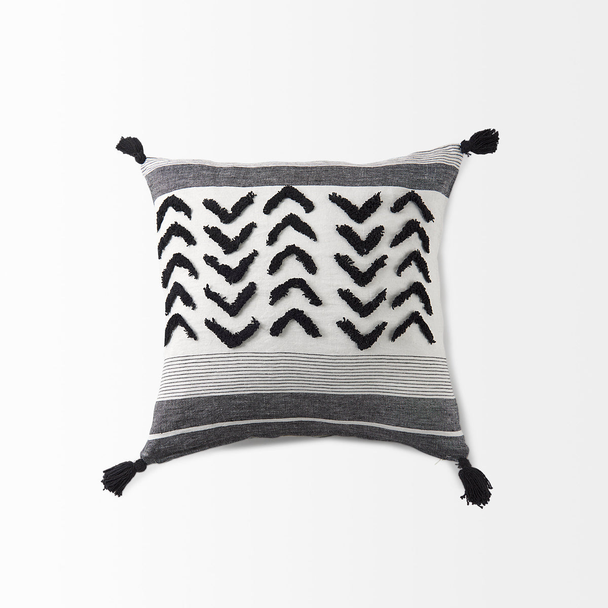 Kimia 20x20 White/Black Fabric Herringbone w/Fringed Pillow Cover-Decorative Pillows-DECOROLALA