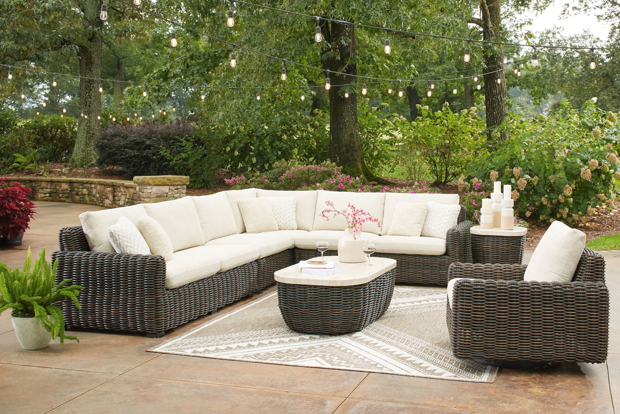 Kimora 7-Piece Outdoor Sectional Set - Beige/Dark Brown-7 Piece Outdoor Sets-DECOROLALA